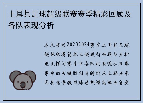 土耳其足球超级联赛赛季精彩回顾及各队表现分析