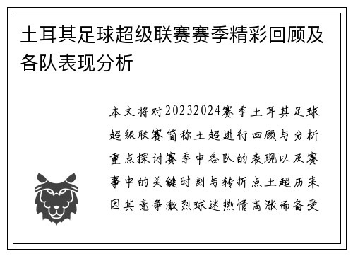土耳其足球超级联赛赛季精彩回顾及各队表现分析