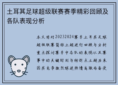 土耳其足球超级联赛赛季精彩回顾及各队表现分析
